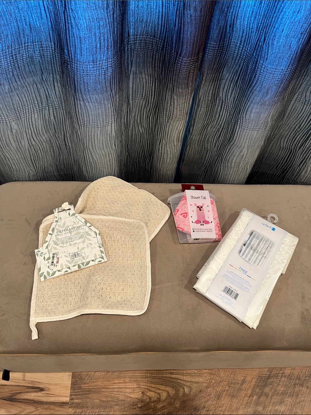 Splash Natural Beige Exfoliating Bath Wash Cloth Set, Shower Curtain + Cap